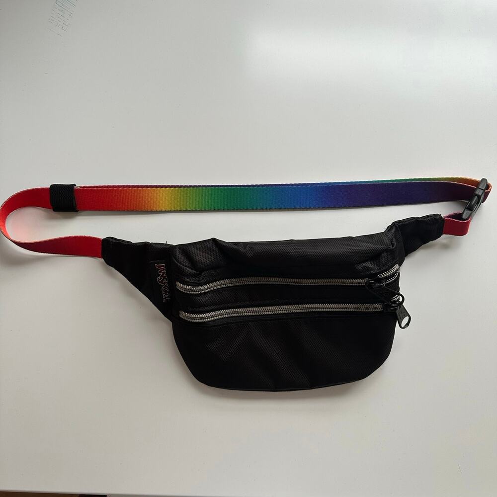 Jansport black double zipper‎ fanny pack with rainbow strap